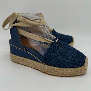 Ralph Lauren Blue Crochet Platform Espadrille Ankle/Calf Tie Size EU 39/US 9